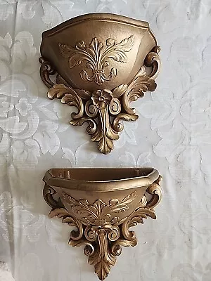 Vintage Set Of 2 Hollywood Regency Homco MCM Gold Plastic Wall Pocket Vases • $16