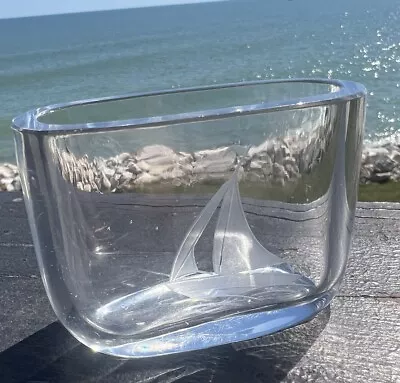 VINTAGE ORREFORS SCANDINAVIA CRYSTAL Small Etched Vase SAILBOAT Oblong Viking • $12.74