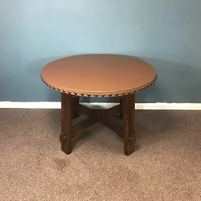 Stickley Round Leather Top Mission Oak Center Table • $1750
