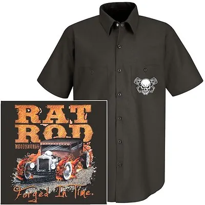 Hot Street Rat Rod Motorworks A Sedan Race Car Skull Flames Mechanic Work Shirt • $40.95