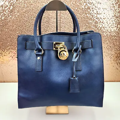 Michael Kors Womens Hamilton Satchel Handbag Purse Large Navy Blue Leather • $69.99