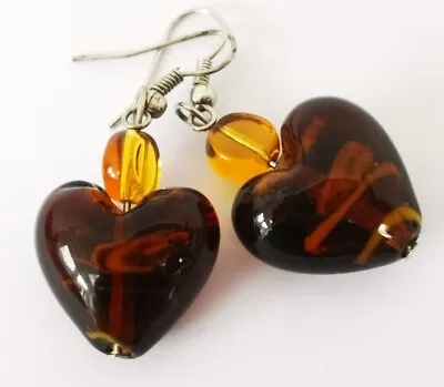 Vintage Amber Coloured Murano Glass Heart Shape Drop Dangle Earrings Pierced  • $9.87