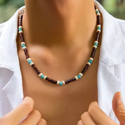 Bohemian Surfer Necklace For Men - Wood & Turquoise Beads Adjustable 18 +2.7  • $13.99