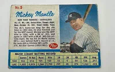 1962 MICKEY MANTLE POST CEREAL #5 BASEBALL CARD Hand Cut Low Grade • $59.99