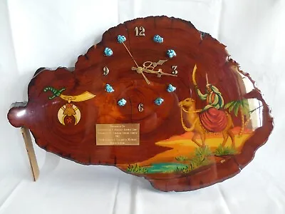 1985 Shriners Masonic Freemason Tree Wood Slice Slab Wall Clock Turquoise Stones • $100