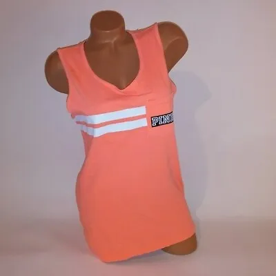 Victoria Secret PINK Tank Top Small Orange Black Sleeveless Logo Scoop Neck • $26.99