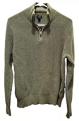 J CREW Sage Green Pullover Sweater Waffle Weave 1/4 Zip Cotton Mens Large • $22.95