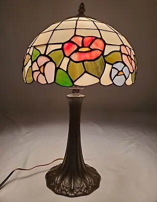 Vintage Stained Glass Tiffany Style Table Lamp Cast Bronze Base Victorian • $65