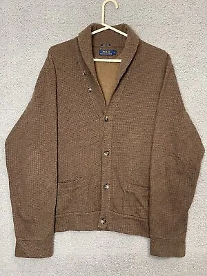 POLO RALPH LAUREN Mens Button Down Shawl Collar Sweater Brown Cotton Large B25 • $49.99