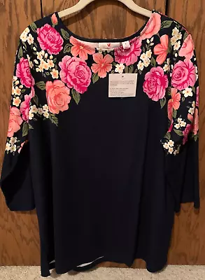 Quacker Factory Women's Top Life Is Rosey Print W/Sparkle Dark Navy Sz XL - NWT • $14