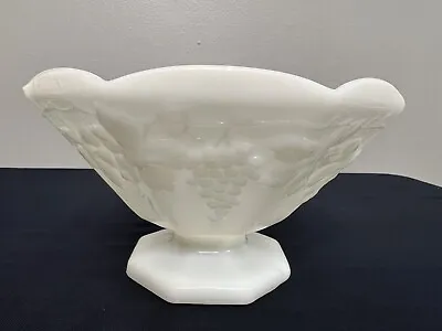 Vintage Milk Glass Pedestal Footed Fruit Bowl Grape Vine & Leaf Pattern • $8.50