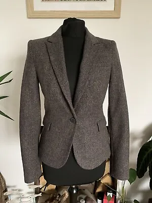 ZARA Grey Brown LAMBSWOOL WOOL Tweed Hacking Jacket Blazer Elbow Patches Size S • £32.99