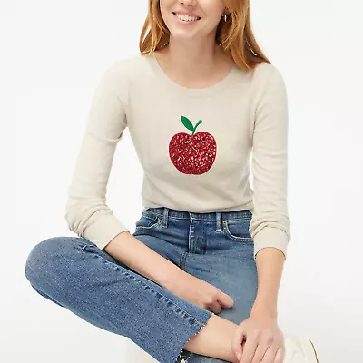 NWT $80 JCrew Factory Women’s Teddie Sweater Sequin Apple  Oatmeal Size M • $44.99