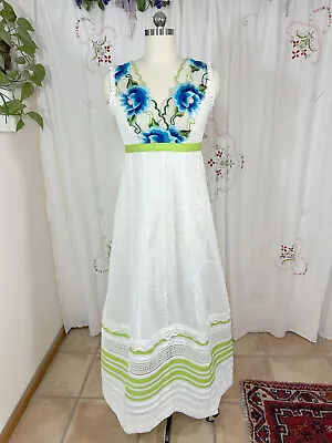 Vtg Frankie Welch Maxi Dress Embroidered Mexican Wedding Syle Pintucks Ribbon S • $89