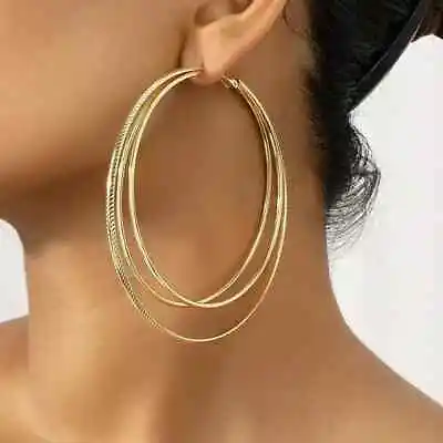 Triple Circle Gold Hoop Earrings Big Large Wide Hoop Earrings For Women • $12.95