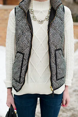 J. Crew Excursion Black Cream Herringbone Chevron Quilted Down Puffer Vest XS • $18.99