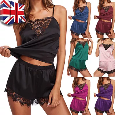 Women Satin Silk Lace Cami Vest Short Lingerie Ladies Pyjamas Set Sleepwear PJs • £5.49