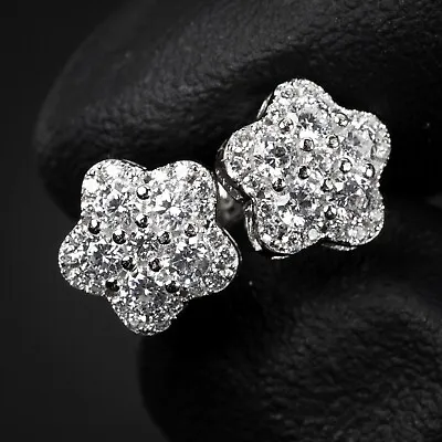 White Gold Sterling Silver Star Flower Cluster Hip Hop Screw Back Stud Earrings • $14.99
