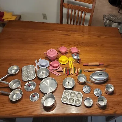 $35 • Buy Vintage Lot Metal Aluminum Kids Child Kitchen Play Pot Pans Muffin Tins 