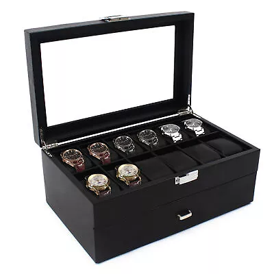 24 Slots Mens Watch Box Case Organizer Watches Jewelry Storage With Valet Drawer • $46.55