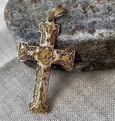 Van Lou Signed Vintage Large Sterling Silver & Gold Gilt Filigree Cross Pendant • $44.95