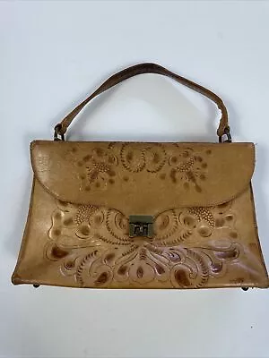 CLIFTON'S Vintage Light Brown Tooled Leather Flap Close Satchel Handbag • $11