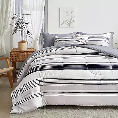 3Pcs Gray Striped Boho Comforter Set Full/Queen Size Grey Black Stripes On White • $45.85