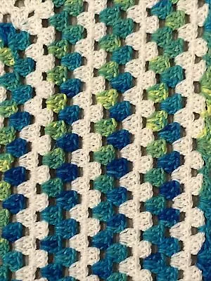 Vintage Hand Crochet Granny Square Blue Green Warm Blanket Afghan Throw 30”x30” • $17.46