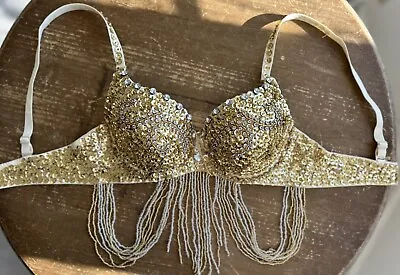 Amazing Gold Silver Rhinestone Sequin Crusted Dangle Beaded Padded Bling Bra 34 • $25