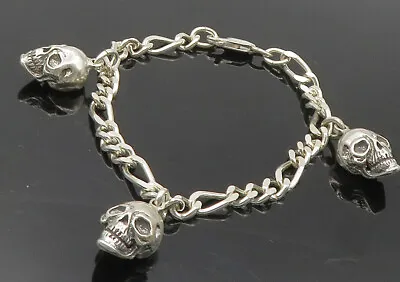 925 Sterling Silver - Vintage Shiny Skull Head Charmed Chain Bracelet - BT4150 • $199.96
