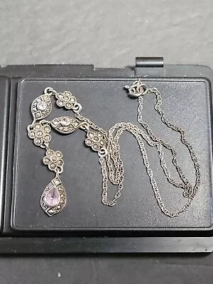 Vintage Sterling Silver 925 A Marcasite Amethyst Drop Y Necklace Pendant 8.8 Gms • $14