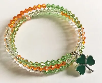 Green Irish Shamrock Charm On Beaded Memory Wire Bracelet • £3.25