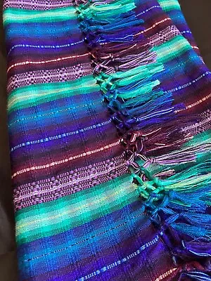 RUNNER New 70” X 19” & 3” Fringe Rich Blues Turquoise & Purples Made In Mexico • $18.50