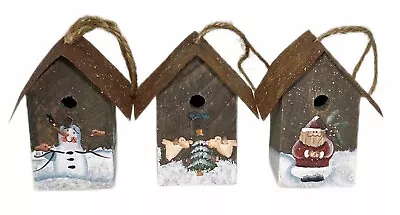 3 Painted Wood Mini Birdhouse Metal Roof Christmas Ornaments 3” • $17.59