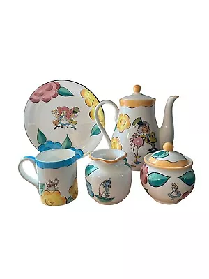 Disney Alice In Wonderland Teapot Coffee Set Mad Hatter Flowers 5 Piece Set • $139.99