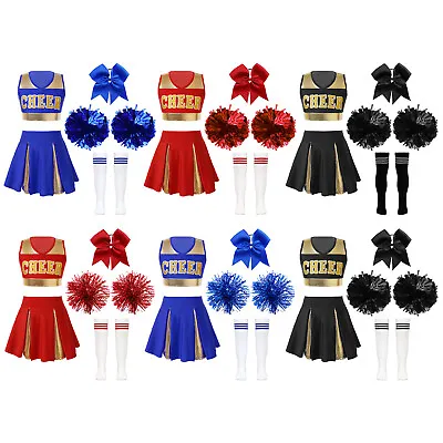 Cheer Leader Cosplay Costume Girls Crop Top Pleated Skirt Outfits With Pom Poms • £6.43