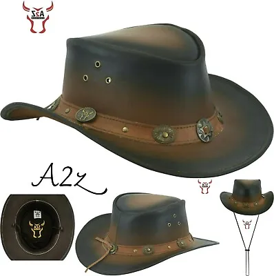 £16.99 • Buy AUSSIE Style Real Leather Cowboy Hat Two Tone Western Bush Hat Race Outdoor UK