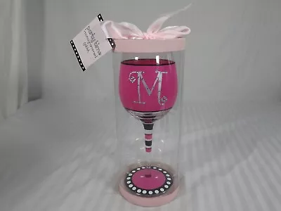 Party Time Letter  M  Monogrammed Pink & Black 12 Oz Wine Glass. • $14.99