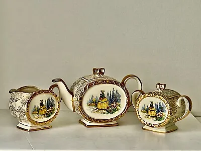 Collectable Antique James Sadler Barrel Shape Tea Set 'crinoline Lady' Set Of 3 • $280