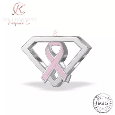 Pink Cancer Ribbon Charm Genuine 925 Sterling Silver - Cancer Awareness • £9.99