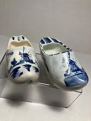 2 Vintage Delft Blue Holland Dutch Hand Painted Windmill Shoe Clog Ashtrays EUC • $14.77