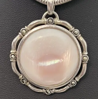 Vintage 1  Round Silver 925 Pendant W/Blush Pink Mother Of Pearl & Marcasite • $30