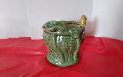 Vase Planter Vintage Majolica Green Glazed Ceramic Frog Lily Pad 4x4 • $14