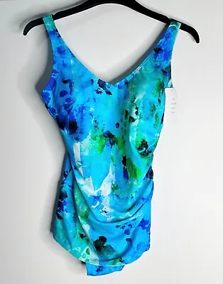 Naturana Royal Blue Printed Control Swimsuit Swim Costume For Women Size 10 32B • £8.99