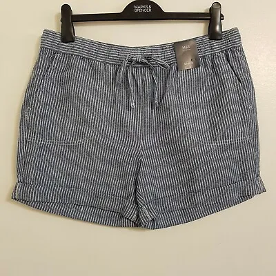 NEW M&S 14-22 Blue White Striped Cotton Linen Elasticated Shorts Holiday Summer • £10.99