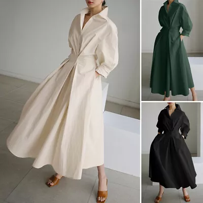 UK Womens Lapel Shirt Dress Ladies OL Work Long Elastic Waist Dresses Sundress • £21.98