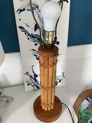 Vintage Bamboo Table Lamp Wood Base Brass Harp Excellent • $50