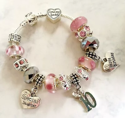 Girls PINK Personalised HAPPY BIRTHDAY +  AGE + MESSAGE Charm Bracelet GIFT BOX • £10.99