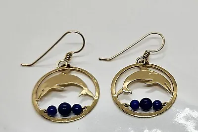 Vintage Wild Bryde Gold Tone Dolphin Earrings Dangle Design W/ Lapis Lazuli • $24.99