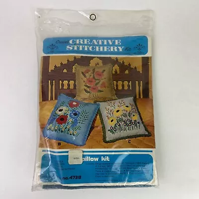 NOS Vtg Crewel Creative Stitchery Pillow Kit 13x13 Blue Fabric Anemones Sealed • $27.85